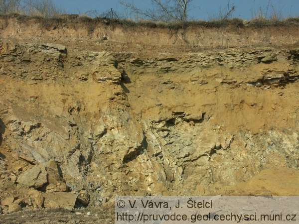 Plaňany - polohy křídových sedimentů v horní části lomu