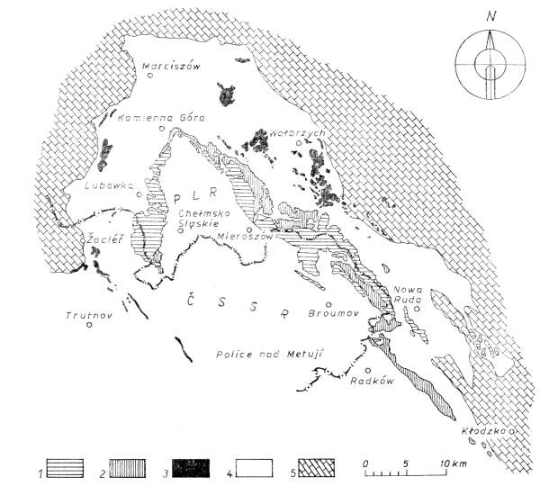 mapa rozšíření vulkanitů ve vnitrosudetské pánvi