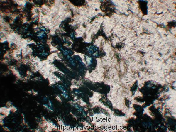 Špičák - mikrofotografie saussuritizovaného plagioklasu